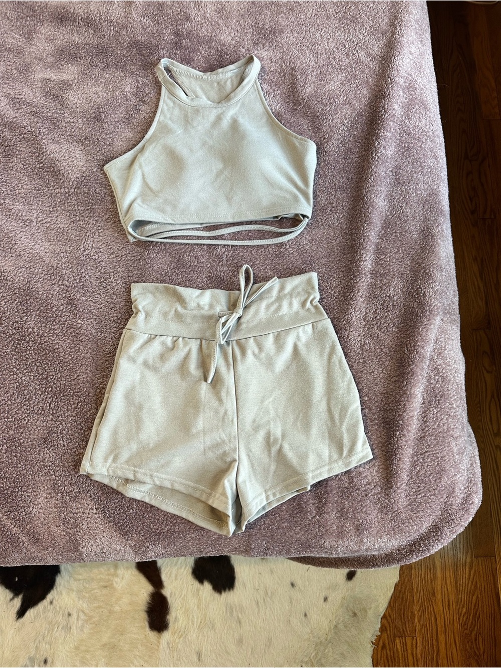 Cream Two-Piece Ribbed Lounge Set - Crop Tank & High-Waist Shorts